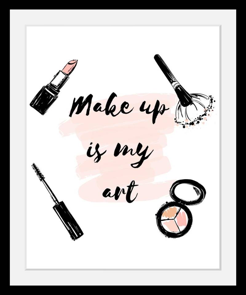 queence Bild »Make up«, Schwarz-Weiss-Schriftzug-Motivationsbilder-Fashion-Frau, HD Premium Poster-Druck inkl. Holzrahmen von queence