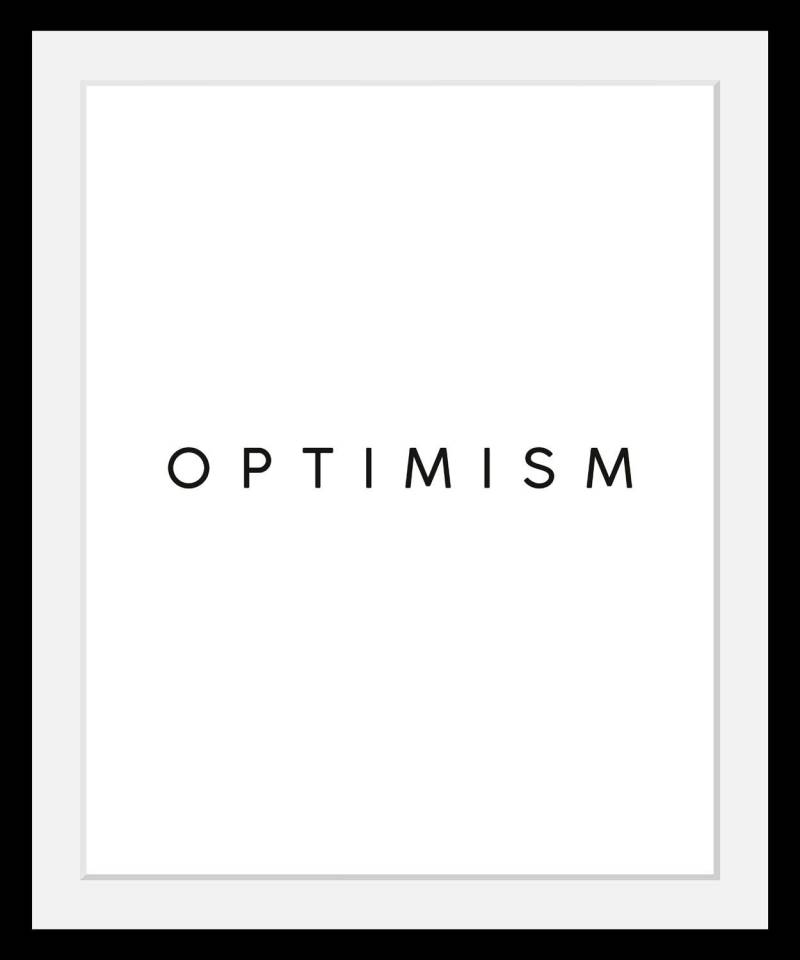 queence Bild »Optimism«, Schwarz-Weiss-Schriftzug-Motivationsbilder-Spa-Spa Bilder, HD Premium Poster-Druck inkl. Holzrahmen von queence