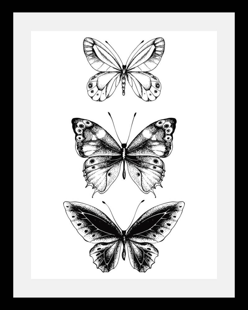 queence Bild »Schmetterlinge«, Tiere-Schwarz-Weiss-Kunst-Insekten-Schmetterlinge, HD Premium Poster-Druck inkl. Holzrahmen von queence