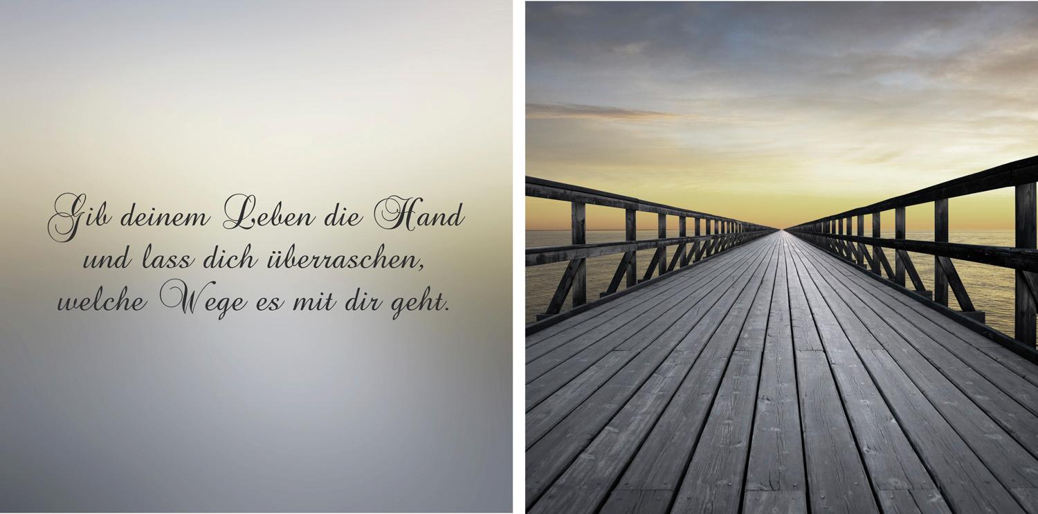 queence Leinwandbild »Weg in die Zukunft«, Steg-Sonnenaufgang-Himmel-Kunst-Modern-Spa-Spa Bilder-Sprüche-Sprüche & Texte-Schriftzug-Schriftzüge, (Set), Premium-Leinwandstoff, Handarbeit aus Deutschland, Spruch, 2er Set von queence