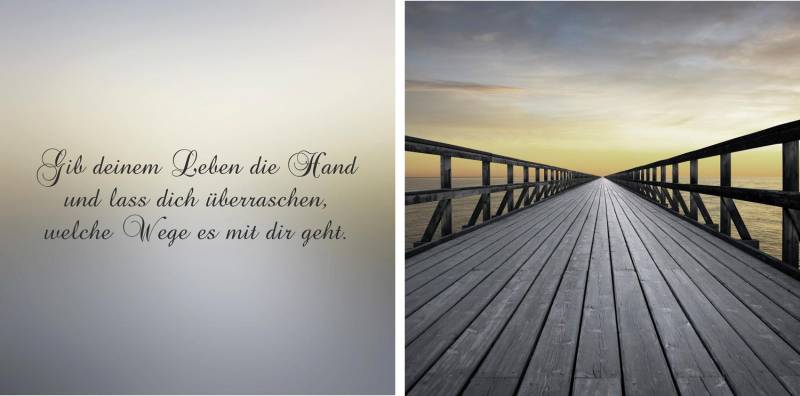 queence Leinwandbild »Weg in die Zukunft«, Steg-Sonnenaufgang-Himmel-Kunst-Modern-Spa-Spa Bilder-Sprüche-Sprüche & Texte-Schriftzug-Schriftzüge, (Set), Premium-Leinwandstoff, Handarbeit aus Deutschland, Spruch, 2er Set von queence