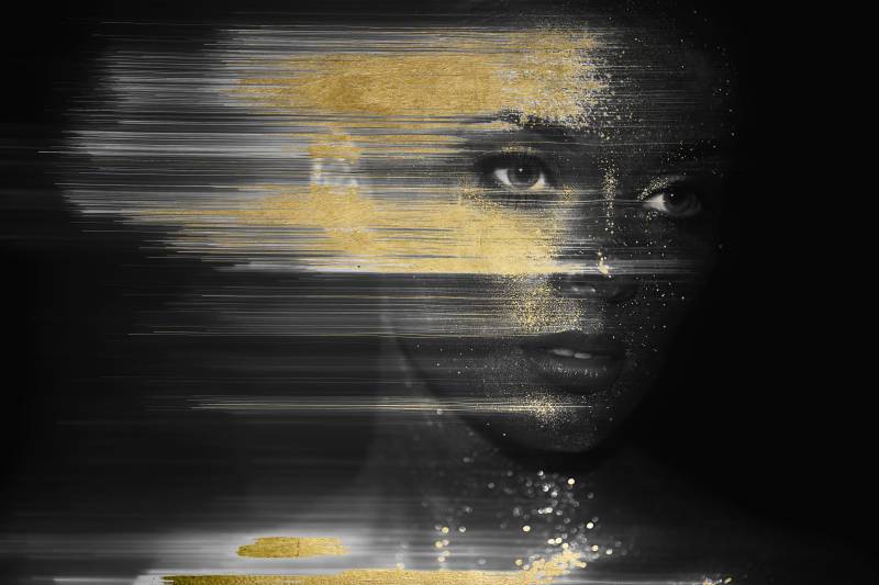 queence Acrylglasbild »Isis«, Kunst-Gemälde-Frau-Bilder von Frauen-Mode-Modern-Fashion-Magazincover, (1 St.), von Hand eingearbeitete Blattgold Applikationen von queence
