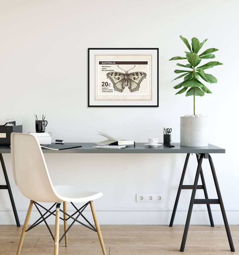 queence Bild »Briefmarke«, Schmetterlinge-Insekten-historische Ereignisse-Postkarten, (1 St.), HD Premium Poster-Druck inkl. Holzrahmen von queence
