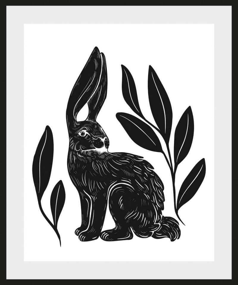 queence Bild »Aino«, Hase-Hasen-Schwarz-Weiss-Kunst-Haustiere, (1 St.), HD Premium Poster-Druck inkl. Holzrahmen von queence