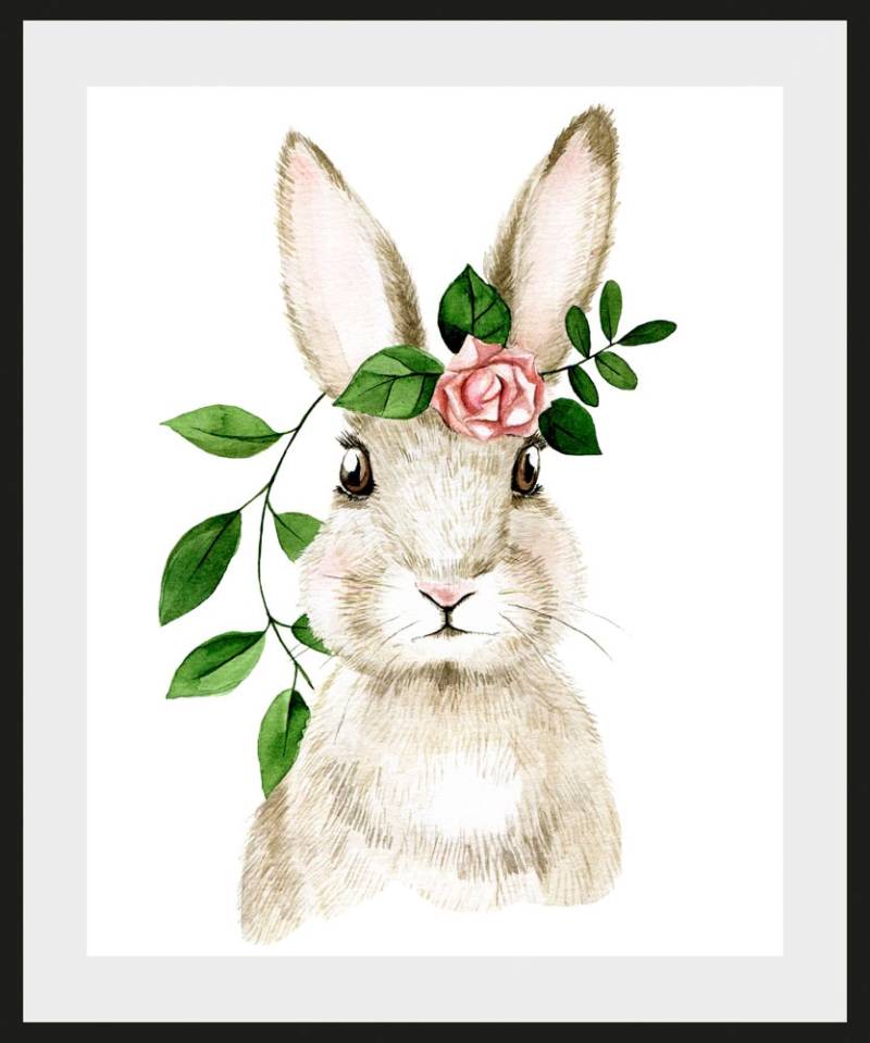 queence Bild »Akatosch«, Hase-Hasen-Haustiere-Kunst-Ostern-Blumen, (1 St.), HD Premium Poster-Druck inkl. Holzrahmen von queence