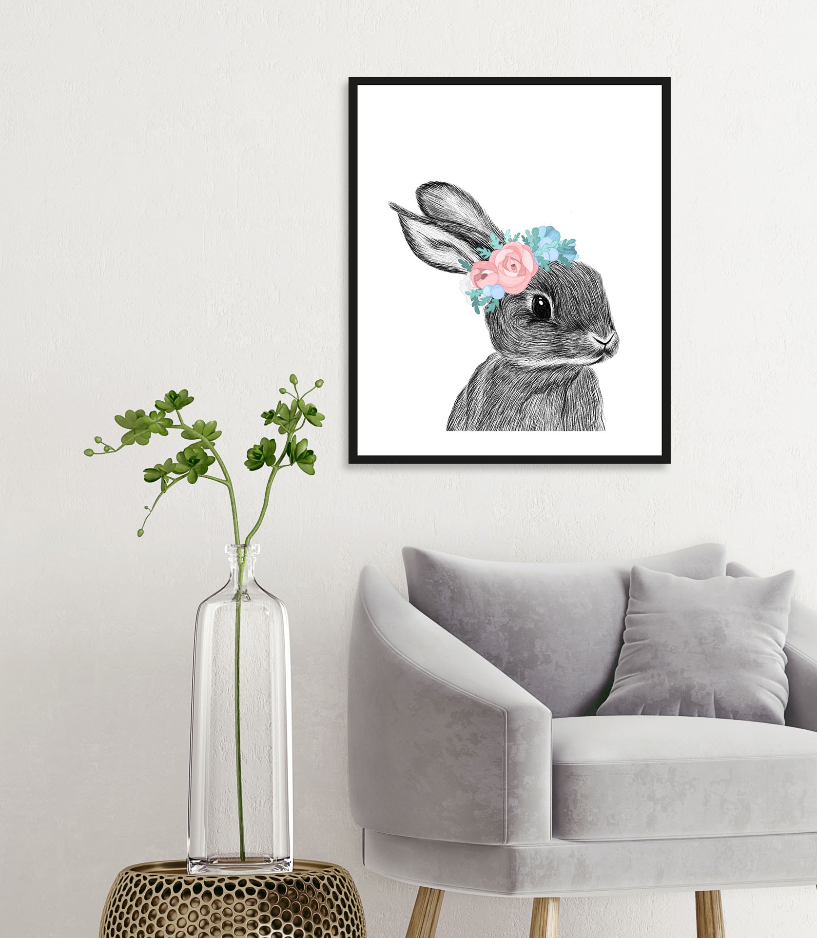 queence Bild »Albert«, Hase-Hasen-Haustiere-Kunst-Ostern-Blumen, (1 St.), HD Premium Poster-Druck inkl. Holzrahmen von queence