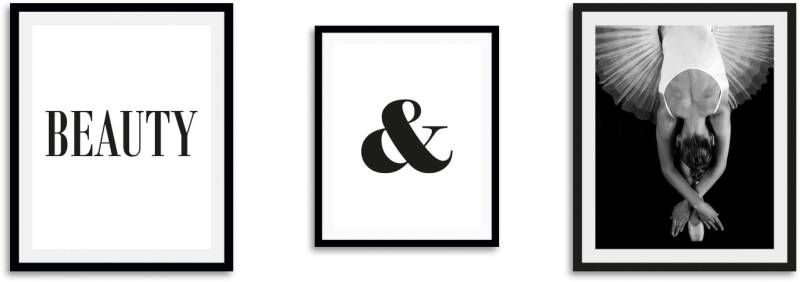 queence Bild »Beauty«, Schriftzug-Sprüche & Texte-Schwarz-Weiss-Tanz-Sport-Frau, (3 St.), HD Premium Poster-Druck inkl. Holzrahmen - 3er Set von queence