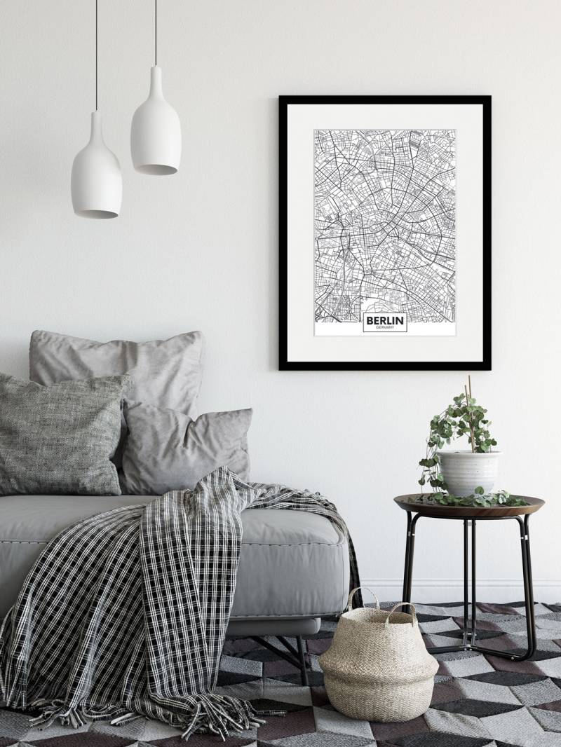queence Bild »Berlin Stadtkarte«, Städte-Stadt-Deutschland-Berlin-Schwarz-Weiss, (1 St.), HD Premium Poster-Druck inkl. Holzrahmen von queence