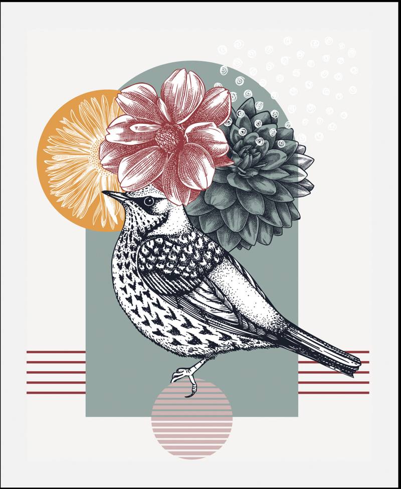 queence Bild »Bunter Vogel«, Vögel-Vogelbilder-Blumen-Blumenbilder-Abstrakt-Pflanzen-Pflanzenbilder, (1 St.), HD Premium Poster-Druck inkl. Holzrahmen von queence