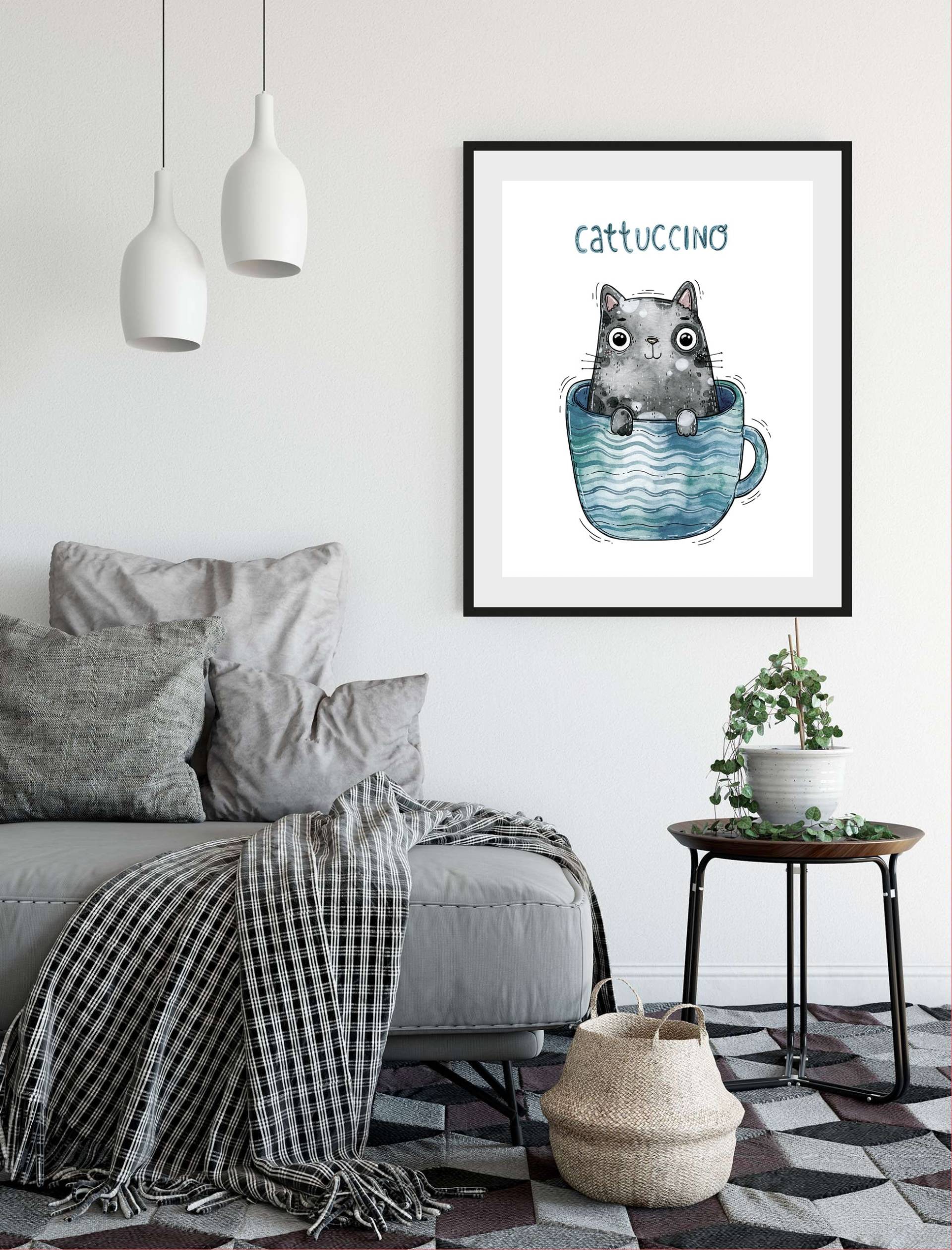 queence Bild »Cattucino«, Katze-Humor-Schriftzug-Kaffee-Kaffee Bilder, (1 St.), HD Premium Poster-Druck inkl. Holzrahmen von queence