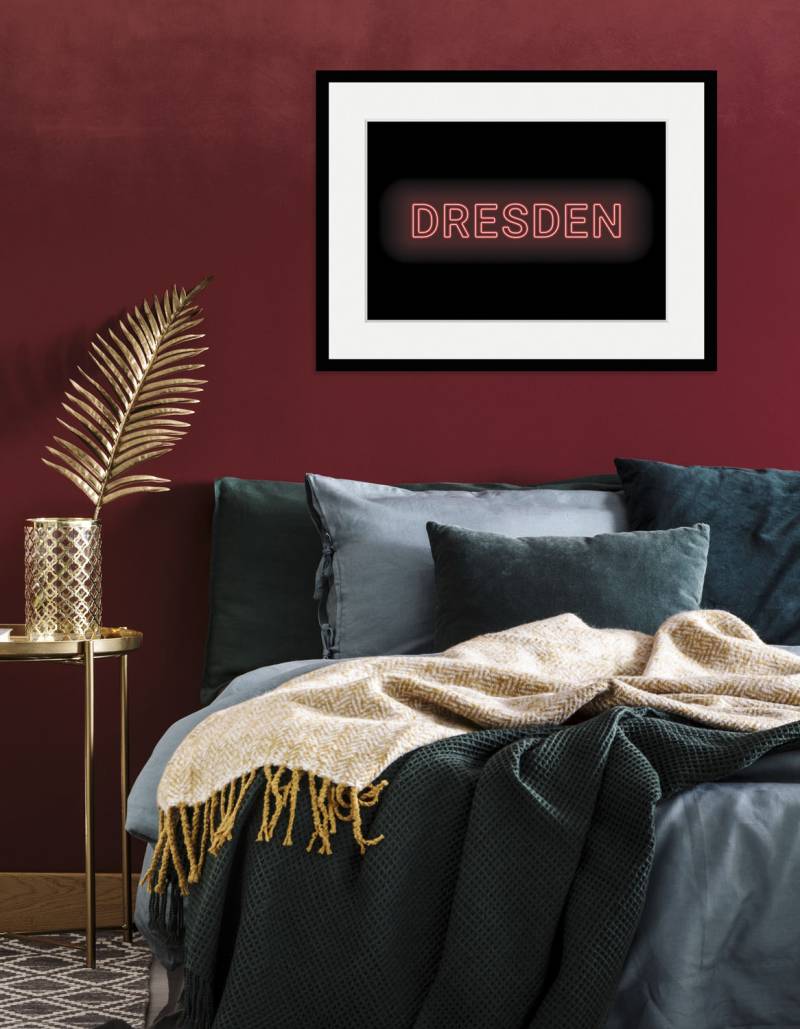 queence Bild »DRESDEN LIGHTS«, Städte-Schriftzug-Dresden, (1 St.), HD Premium Poster-Druck inkl. Holzrahmen von queence