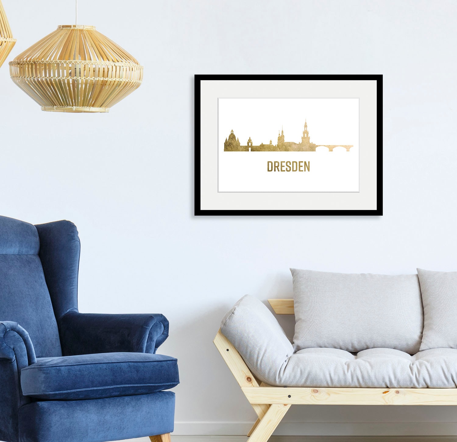 queence Bild »Dresden Skyline GOLD«, Städte-Schriftzug-Deutschland-Stadt-Dresden, (1 St.), HD Premium Poster-Druck inkl. Holzrahmen queence Bild »Dresden Skyline GOLD«, Städte-Schriftzug-Deutschland-Stadt-Dresden, (1 St.), HD Premium Poster-Druck inkl. Holzrahmen von queence
