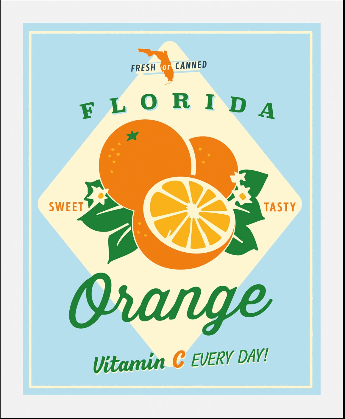 queence Bild »Florida Orange«, Obst-Obst Bilder-Essen-Lebensmittel-Kunst-Abstrakt-Schriftzug-Figuren, (1 St.), HD Premium Poster-Druck inkl. Holzrahmen von queence