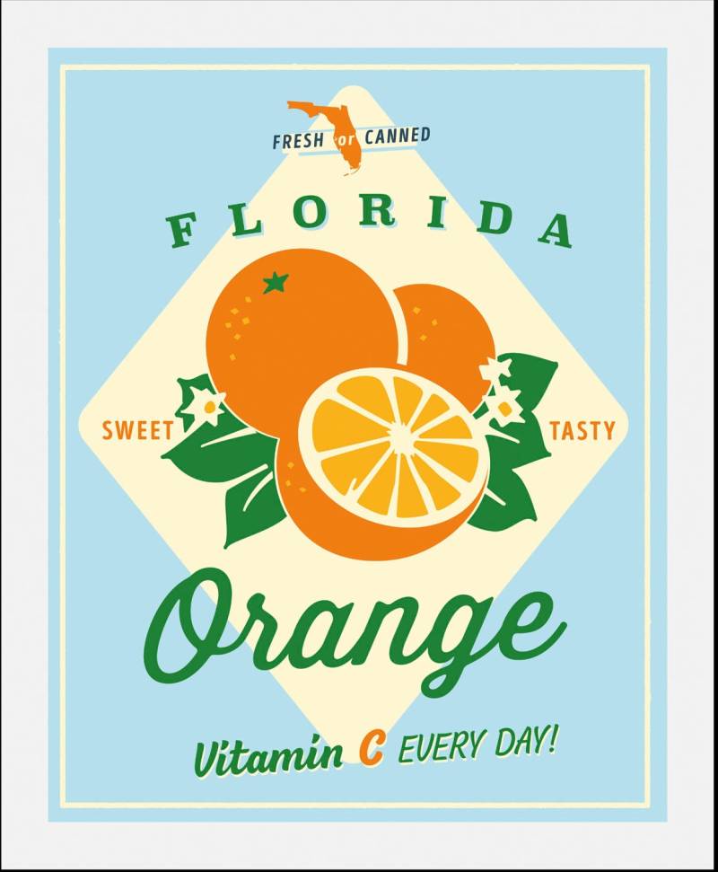 queence Bild »Florida Orange«, Obst-Obst Bilder-Essen-Lebensmittel-Kunst-Abstrakt-Schriftzug-Figuren, (1 St.), HD Premium Poster-Druck inkl. Holzrahmen von queence
