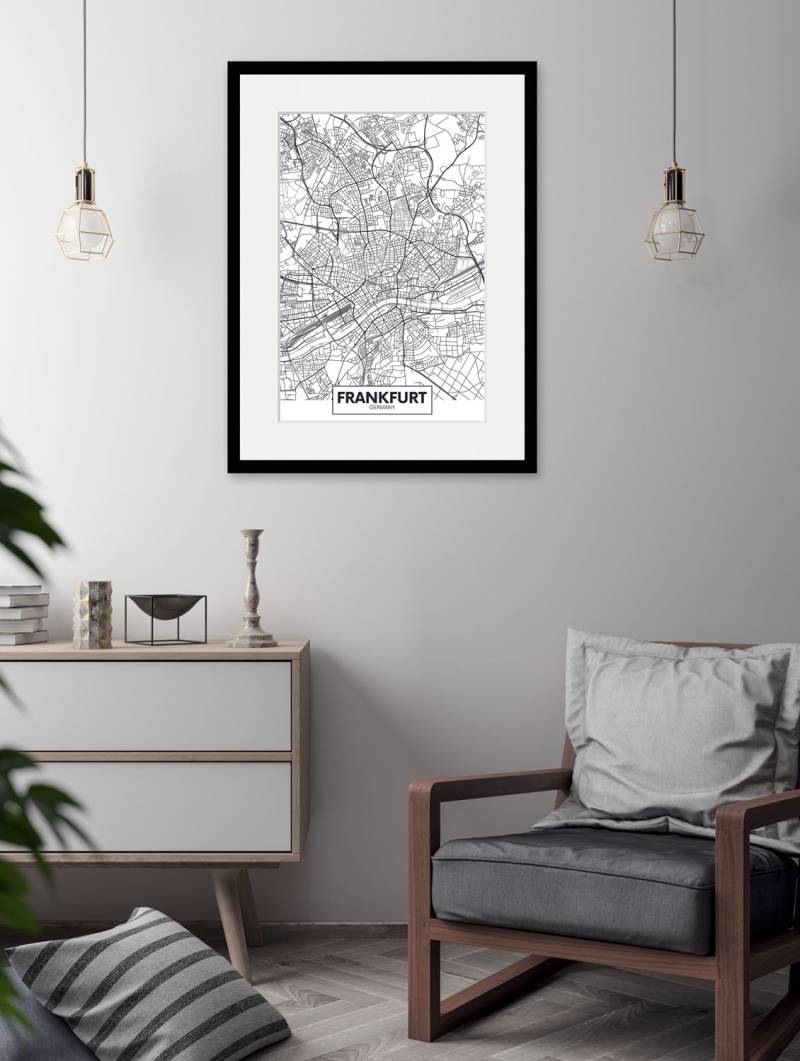queence Bild »Frankfurt Stadtkarte«, Städte-Schriftzug-Deutschland-Stadt-Frankfurt am Main-Schwarz-Weiss, (1 St.), HD Premium Poster-Druck inkl. Holzrahmen von queence