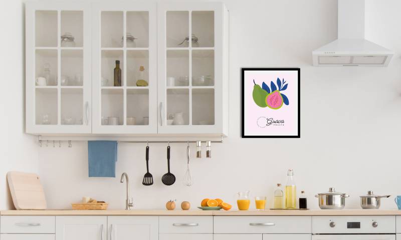 queence Bild »Guava«, Obst-Obst Bilder-Essen-Lebensmittel-Kunst-Schriftzug-Abstrakte-Figuren, (1 St.), HD Premium Poster-Druck inkl. Holzrahmen von queence