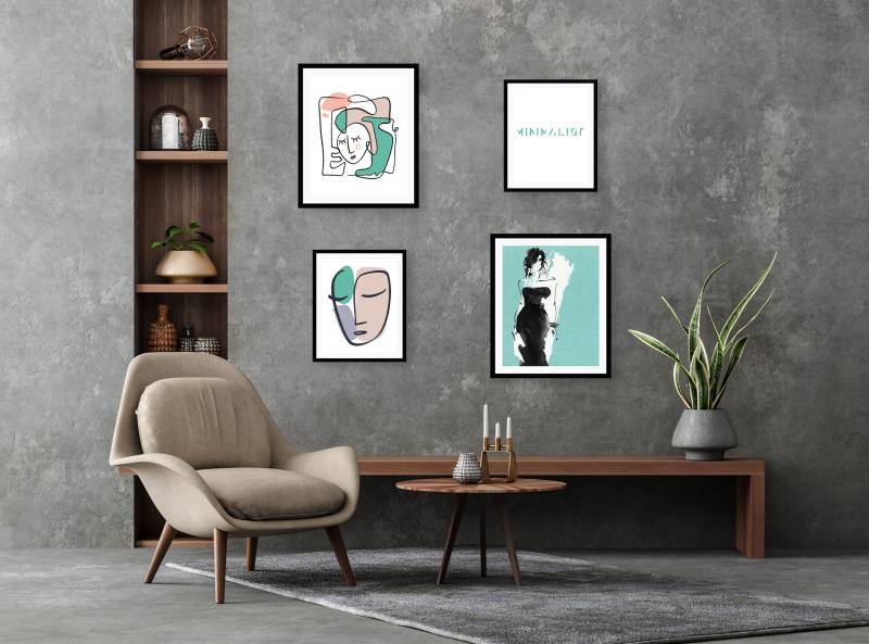 queence Bild »Minimalist«, Abstrakt-Schwarz-Weiss-Fashion-Mode-Magazincover-Frau-Bilder von Frauen-Schriftzug-Sprüche & Texte, (4 St.), HD Premium Poster-Druck inkl. Holzrahmen - 4er Set von queence