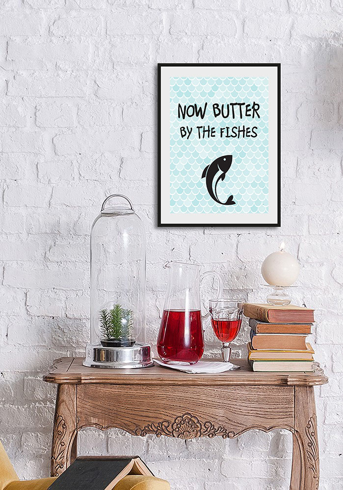 queence Bild »Butter bei die Fische«, Schriftzug-Humor-Sprüche & Texte-Wassertiere-Fisch & Meeresfrüchte, (1 St.), HD Premium Poster-Druck inkl. Holzrahmen von queence