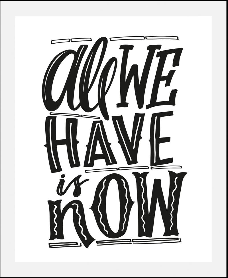 queence Bild »Now«, Schriftzüge-Sprüche & Texte-Motivationsbilder-Schwarz-Weiss, (1 St.), HD Premium Poster-Druck inkl. Holzrahmen von queence