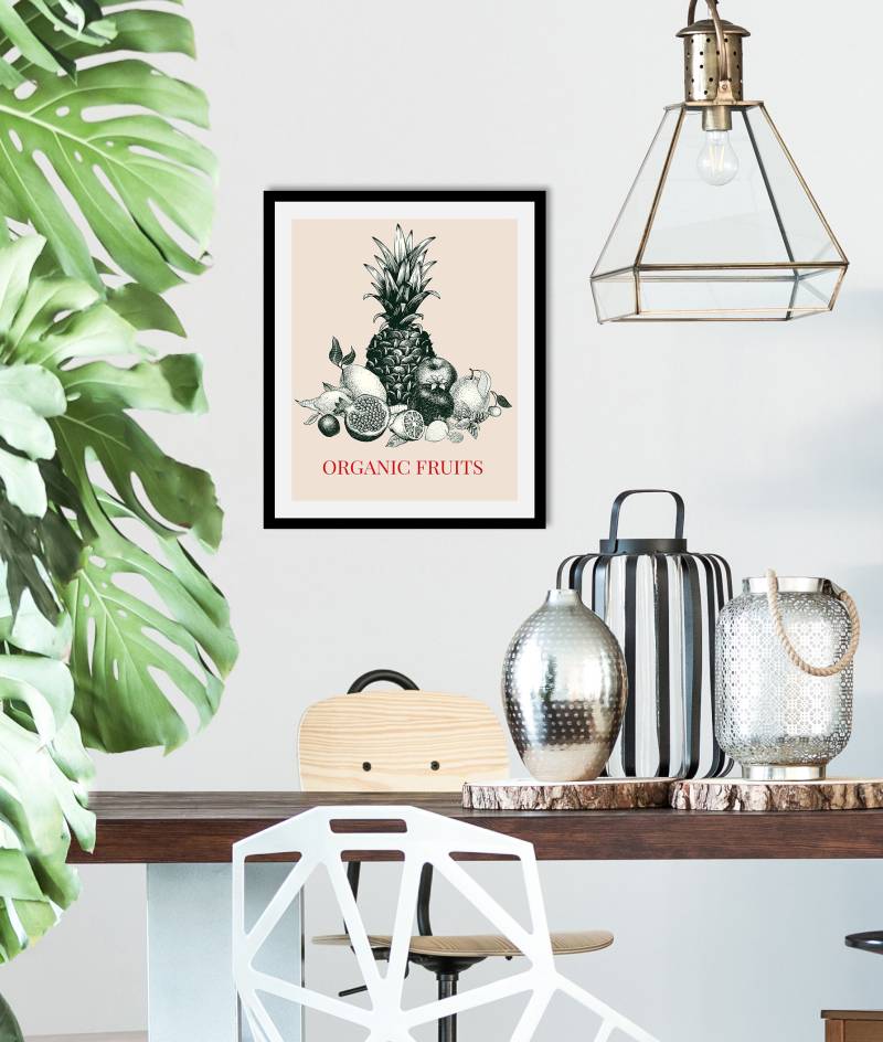 queence Bild »Organic Fruits«, Obst-Obst Bilder-Schriftzug-Kunst-Pflanzen-Pflanzenbilder, (1 St.), HD Premium Poster-Druck inkl. Holzrahmen von queence