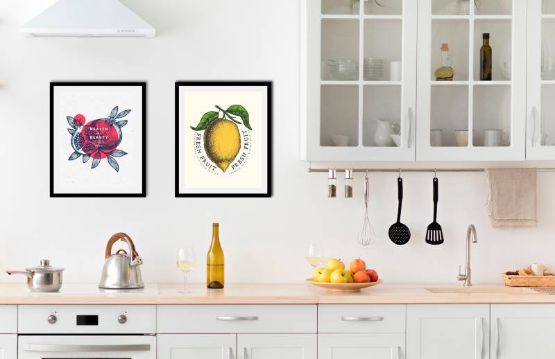 queence Bild »Set Feline«, Obst-Obst Bilder-Schriftzüge-Schriftzug-Essen-Lebensmittel-Art-Kunst, (1 St.), HD Premium Poster-Druck inkl. Holzrahmen - 2er Set von queence