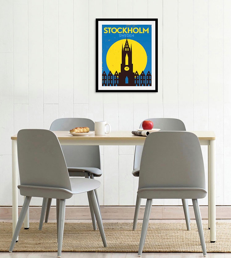 queence Bild »Stockholm«, Stadt-Städte-Gebäude-Schriftzug-Schriftzüge-Schweden, (1 St.), HD Premium Poster-Druck inkl. Holzrahmen von queence
