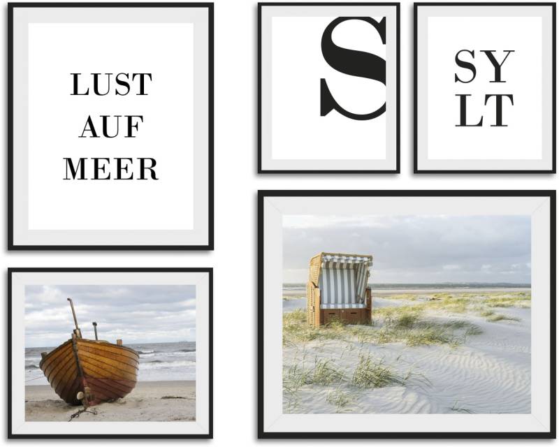 queence Bild »Lust auf Meer und Sylt«, Strand-Deutschland-Schriftzug-Meer-Meer Bilder-Schiffe-Bilder von Booten & Schiffen, (5 St.), HD Premium Poster-Druck inkl. Holzrahmen - 5er Set von queence