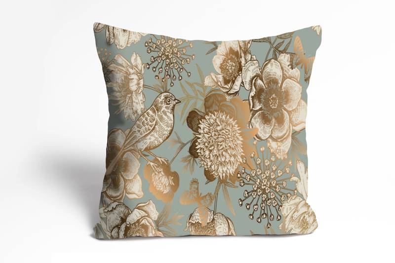 queence Dekokissen »Finna«, Kissenhülle,Goldene Blumen,Vögel,Florales Design,Naturmotiv,Elegant von queence