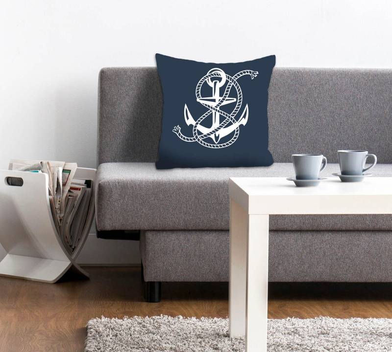 queence Dekokissen »Jessica«, Kissenhülle,Anker,Tau,Maritim,Nautisch,Strand,Sommer,Blau,Weiss von queence