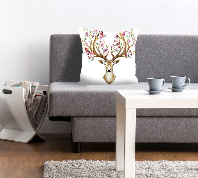 queence Dekokissen »Jim«, Kissenhülle,Hirsch mit Blumengeweih,Tiermotiv,Florales Design,Natur von queence