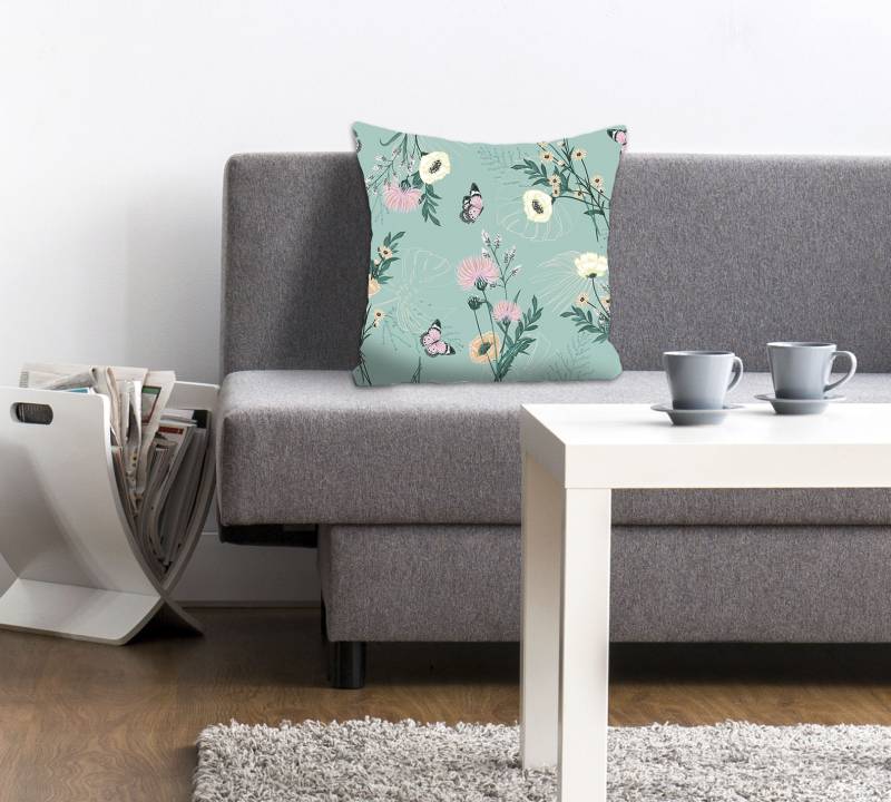 queence Dekokissen »Noemi«, Kissenhülle,Schmetterlinge,Blumen,Türkis,Natur,Frühling,Bunt,Lebendig von queence