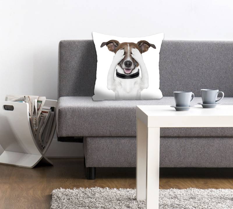 queence Dekokissen »Paul«, Kissenhülle,Hund,Augen zu,Weiss,Süss,Witzig,Lustig,Niedlich,Verspielt von queence