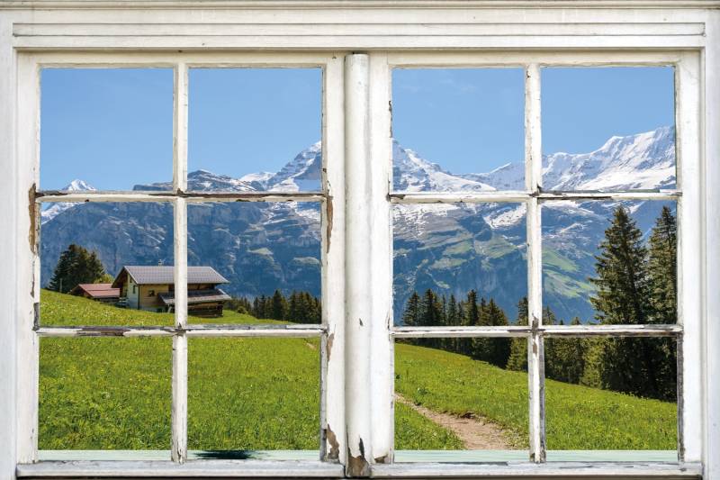 queence Leinwandbild »Südtirol«, Berge & Alpenbilder-Berghütte-Natur-Fensterblick, (1 St.), Premium-Leinwandstoff, Handarbeit aus Deutschland von queence