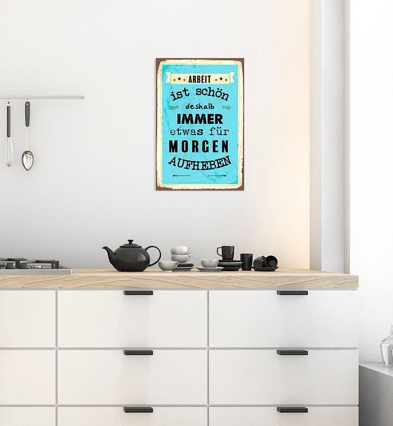 queence Metallbild »Arbeit für Morgen«, Schriftzüge-Schriftzug, (1 St.), Stahlschild, Blechschild, witzige Sprüche, Arbeit, Kollegen, retro von queence