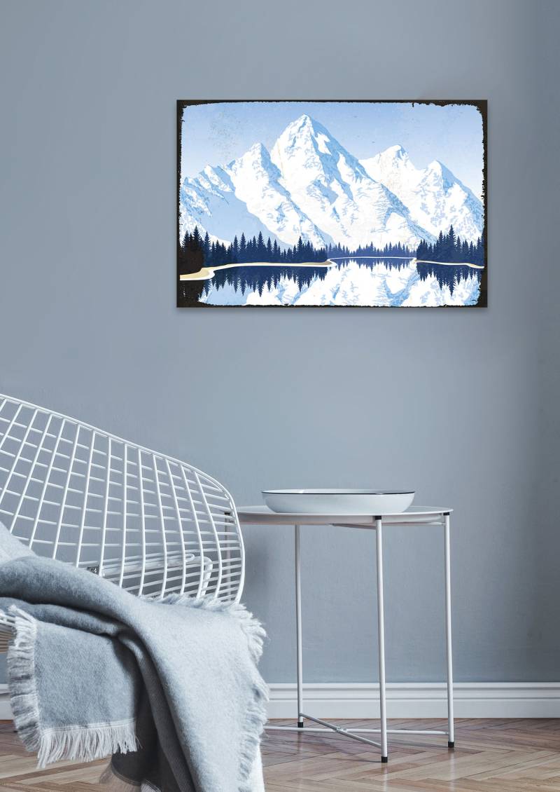 queence Metallbild »Bergsee«, Berge & Alpenbilder-See-Seelandschaft, (1 St.), Berge, Stahlschild, Blechschild, Schneelandschaft von queence