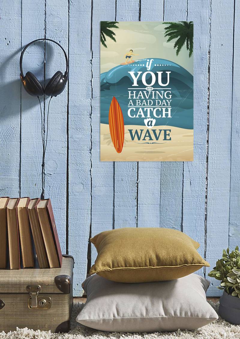 queence Metallbild »Catch a wave«, Schriftzüge-Schriftzug-Meer-Strand, (1 St.), Stahlschild, Blechschild, Surfer von queence