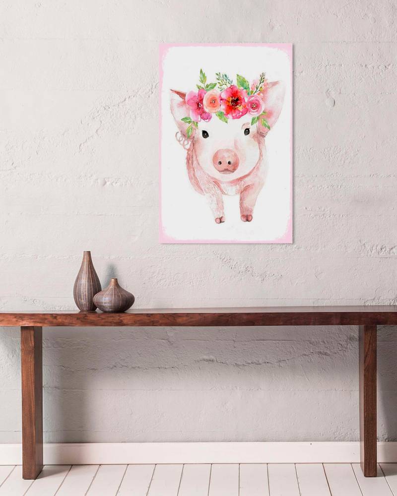 queence Metallbild »Ganja«, Blumen-Schwein-Tiere, (1 St.), Stahlschild, Blechschild, Schwein, niedlich, Wanddeko, Blumenkranz von queence