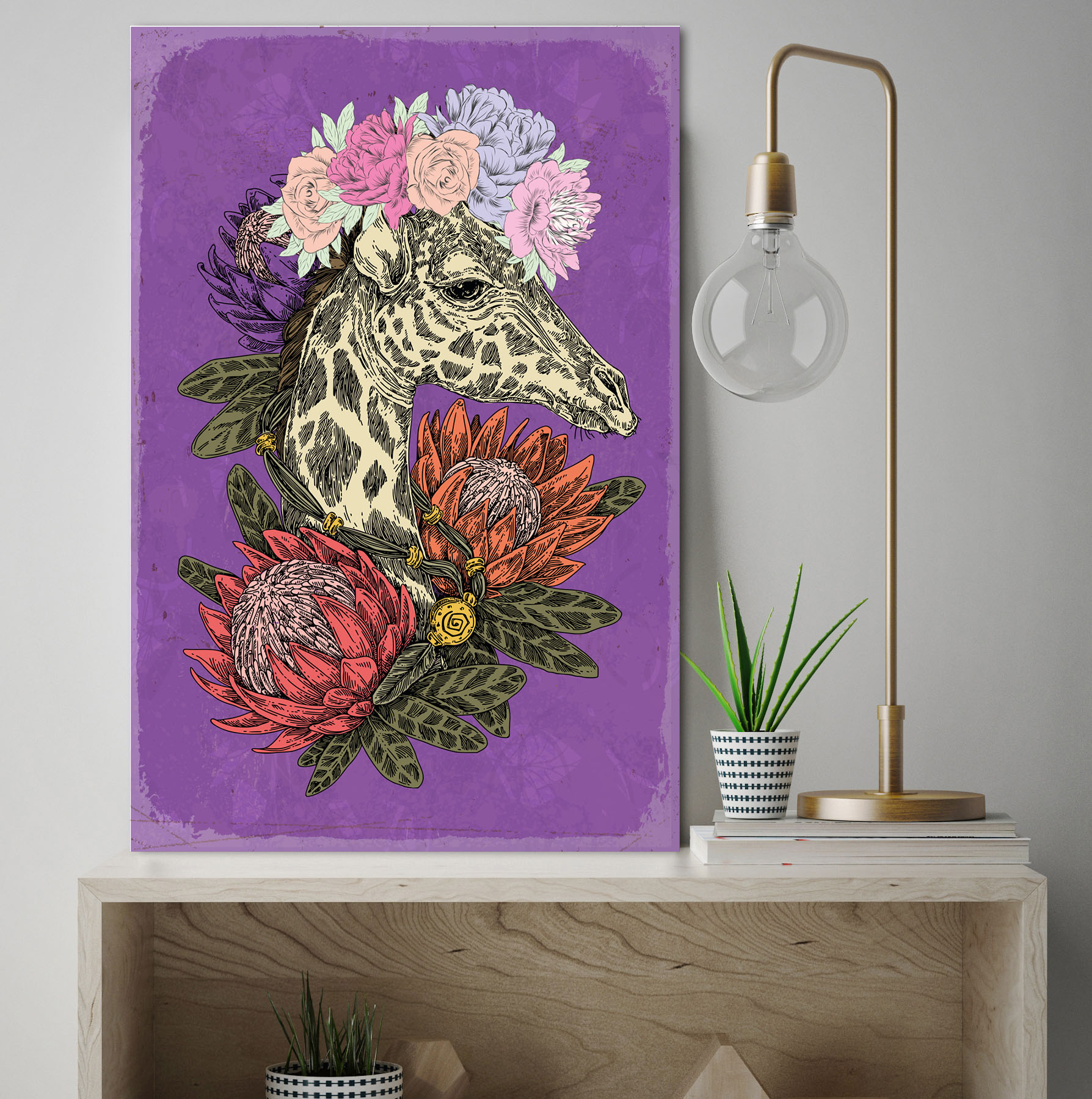 queence Metallbild »Gerta«, Tiere-Blumen-Blumenbilder, (1 St.), Stahlschild, Blechschild, Giraffe, niedlich, Wanddeko, Blumenkranz von queence
