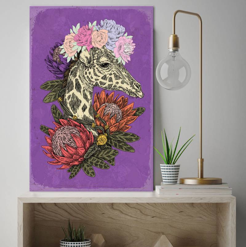 queence Metallbild »Gerta«, Tiere-Blumen-Blumenbilder, (1 St.), Stahlschild, Blechschild, Giraffe, niedlich, Wanddeko, Blumenkranz von queence