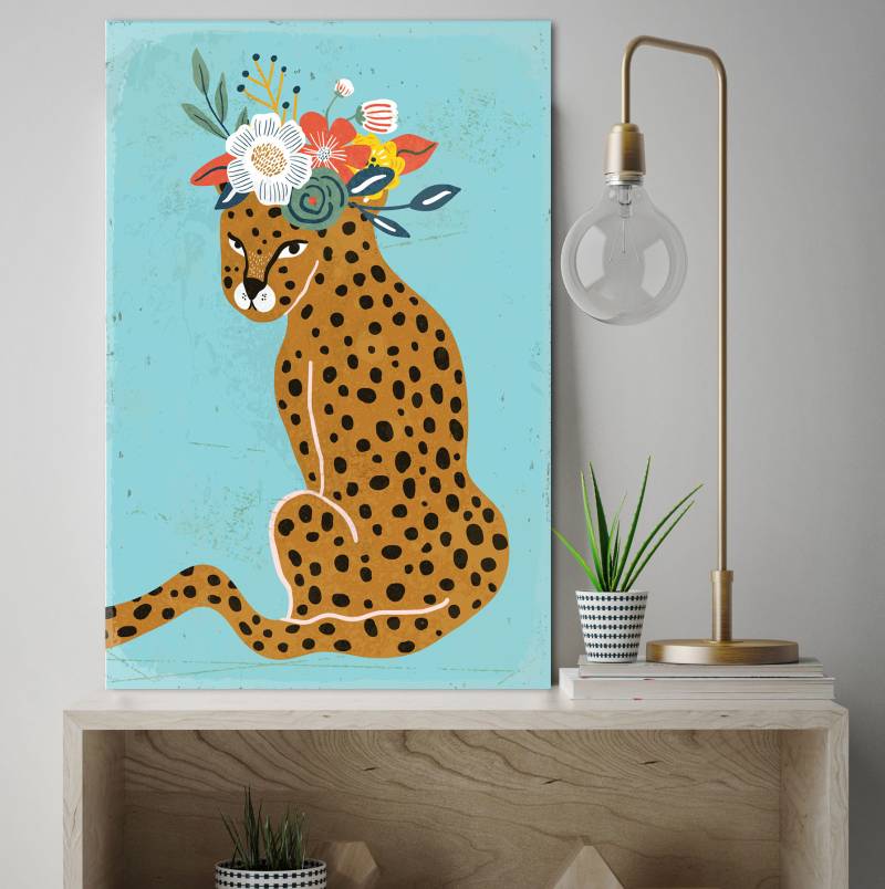 queence Metallbild »Gescha«, Tiere-Blumen-Blumenbilder, (1 St.), Stahlschild, Blechschild, Leopard gemalt, Wanddeko, Blumenkranz von queence