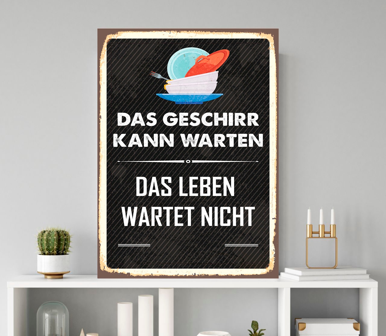 queence Metallbild »Geschirr kann warten«, Schriftzüge-Schriftzug, (1 St.), Stahlschild, Blechschild, Sprüche, Texte, das Leben von queence