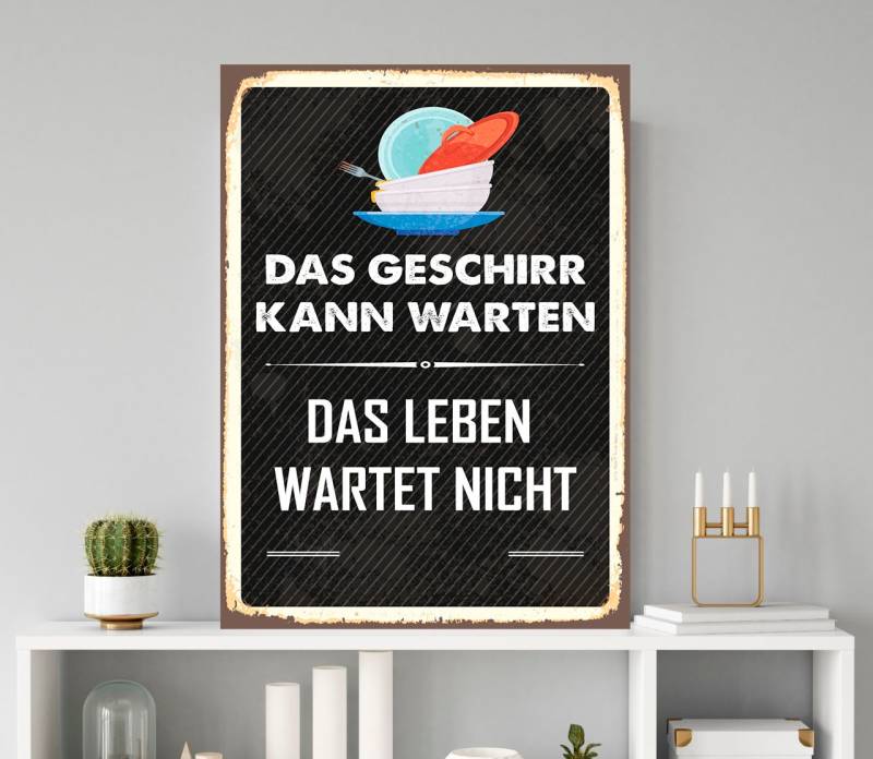queence Metallbild »Geschirr kann warten«, Schriftzüge-Schriftzug, (1 St.), Stahlschild, Blechschild, Sprüche, Texte, das Leben von queence