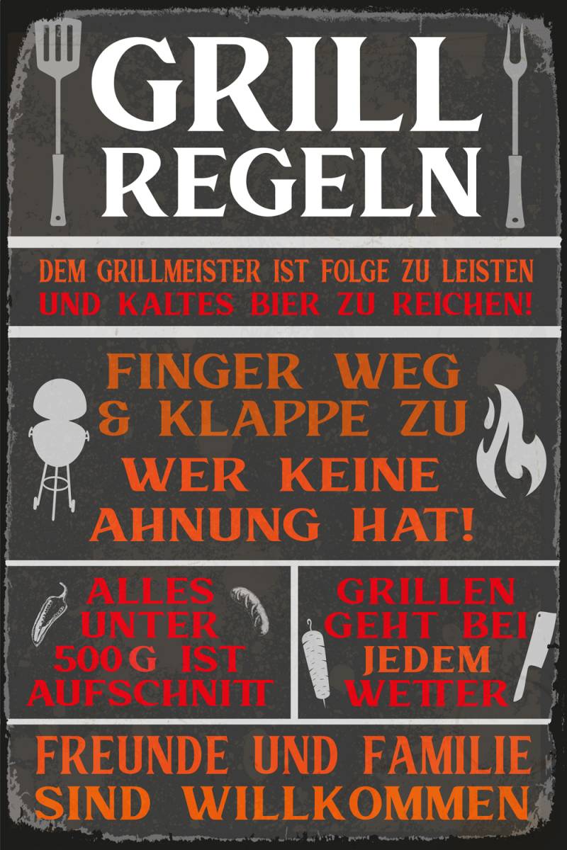 queence Metallbild »Grillregeln«, Schriftzüge-Schriftzug-Sprüche-Sprüche & Texte-Vintage-Getränke-Essen, (1 St.), Stahlschild, Blechschild, Sprüche, Texte, witzig, Bier, Grill von queence