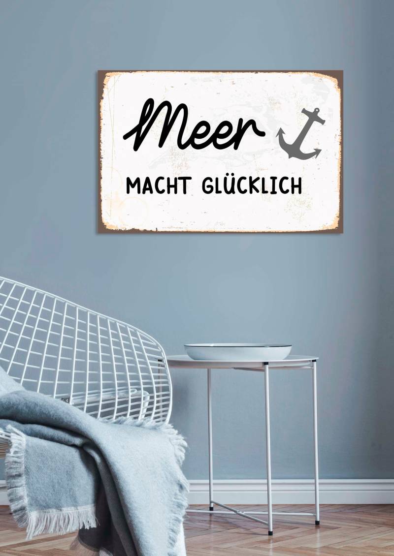 queence Metallbild »Meer macht glücklich«, Schriftzüge-Schriftzug, (1 St.), Stahlschild, Blechschild, Sprüche, Texte, Meer macht glücklich von queence