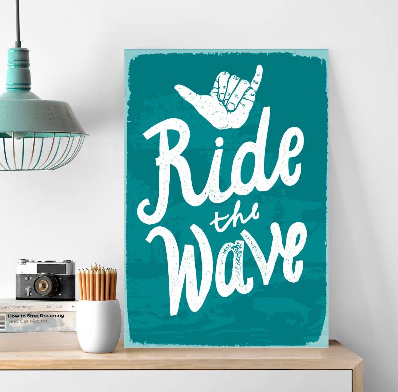 queence Metallbild »Ride the Wave«, Schriftzüge-Schriftzug-Motivationsbilder, (1 St.), Stahlschild, Blechschild, Sprüche, Texte, Fernweh von queence