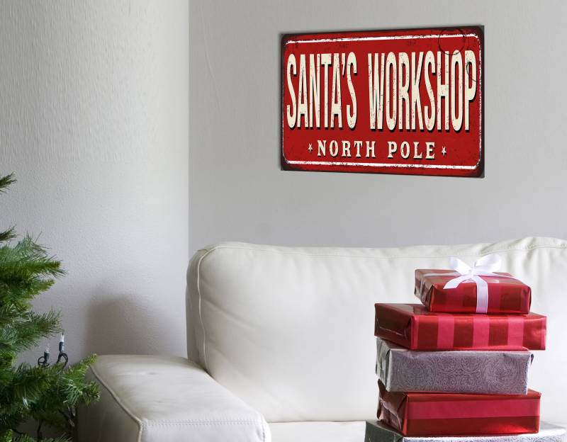 queence Metallbild »Santa's Workshop«, Schriftzüge-Schriftzug-Weihnachten, (1 St.), Stahlschild, Blechschild, Sprüche, Texte, Weihnachten von queence