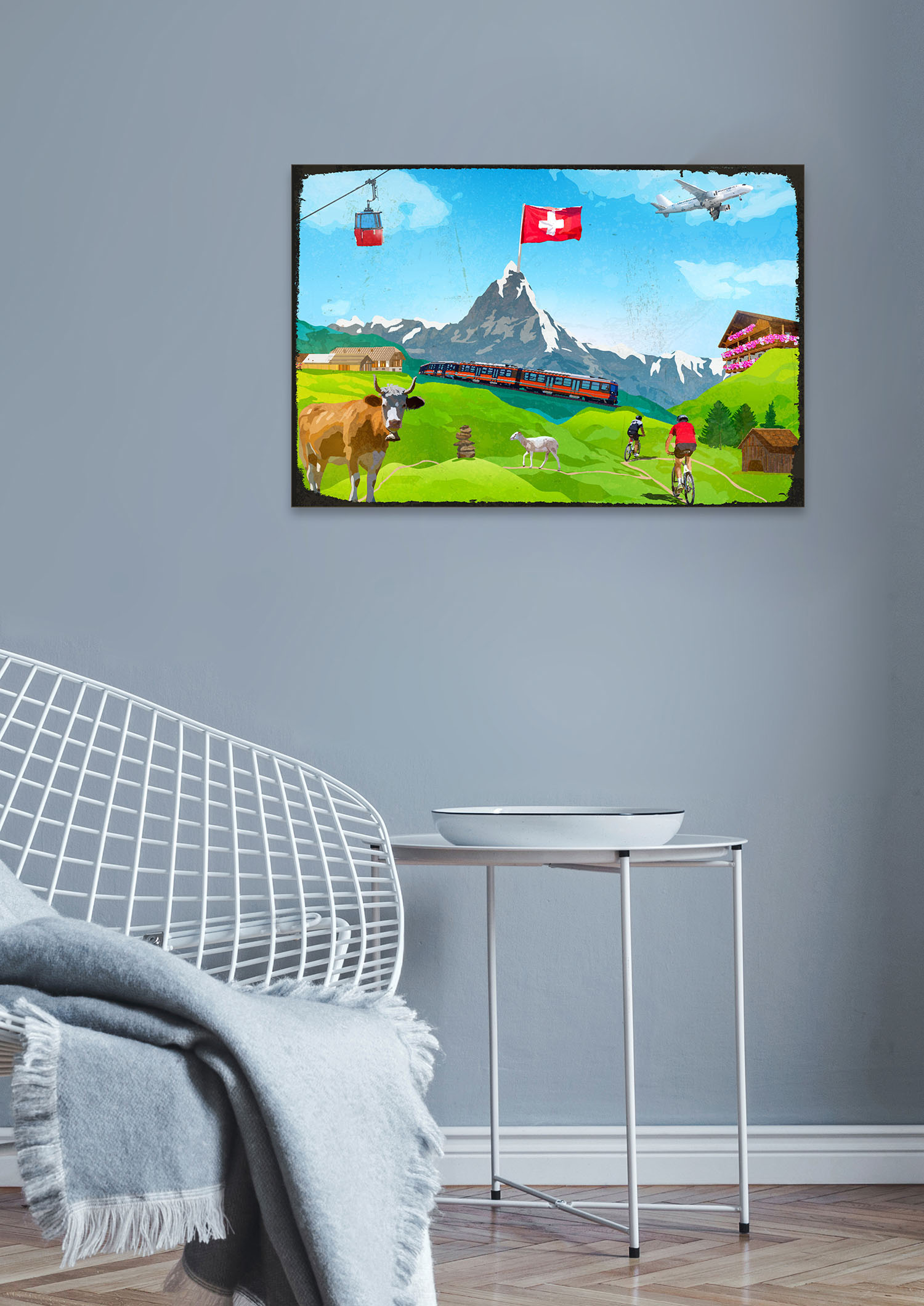 queence Metallbild »Schweizer Urlaub«, Schweiz-Berge & Alpenbilder-Kuh-Kuhbilder-Tiere, (1 St.), Stahlschild, Blechschild, St. Moritz, Schweiz von queence
