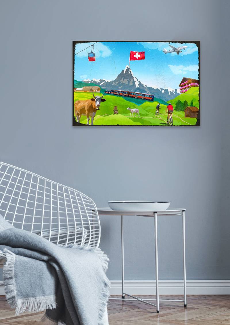 queence Metallbild »Schweizer Urlaub«, Schweiz-Berge & Alpenbilder-Kuh-Kuhbilder-Tiere, (1 St.), Stahlschild, Blechschild, St. Moritz, Schweiz von queence