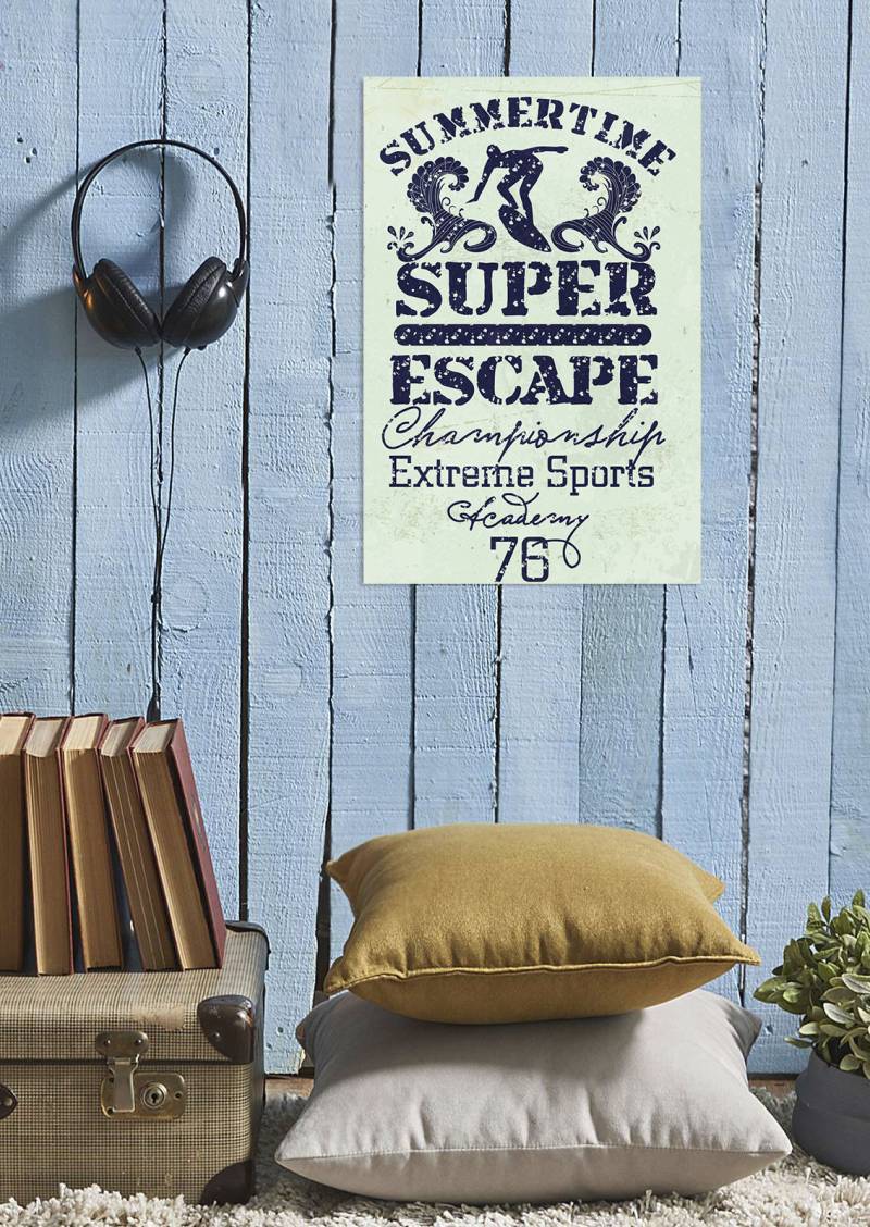 queence Metallbild »Surfer Escape«, Schriftzüge-Schriftzug-Sprüche-Sprüche & Texte, (1 St.), Stahlschild, Blechschild, Surfer, Fernweh, Schriftzug von queence