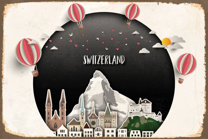 queence Metallbild »Switzerland City«, Schriftzüge-Schriftzug-Sprüche-Sprüche & Texte-Vintage-Schweiz-Berge & Alpenbilder, Stahlschild, Blechschild, Schweiz von queence